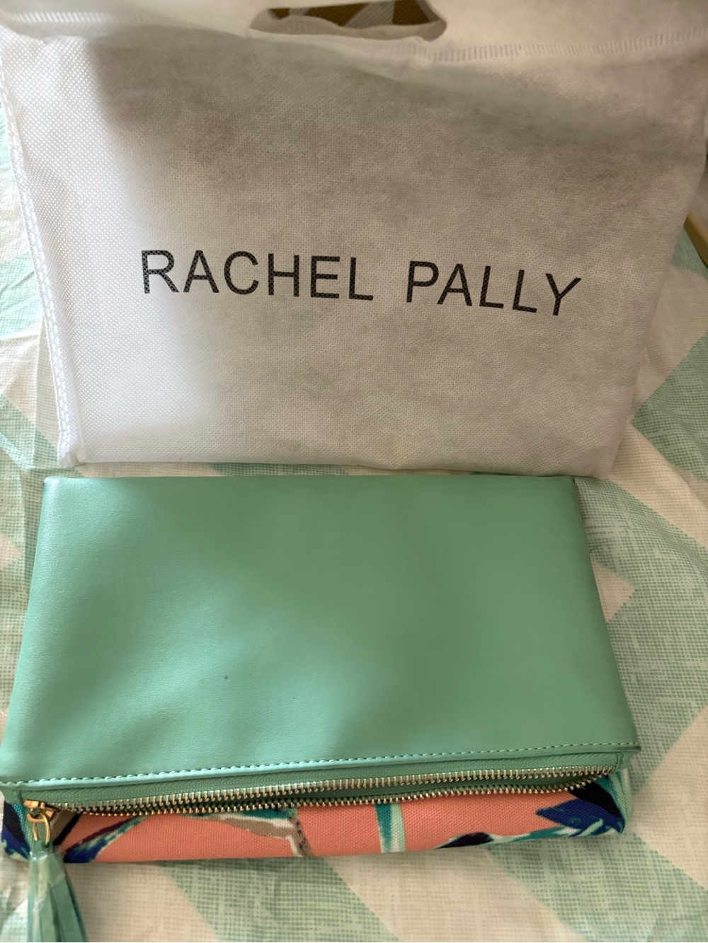Rachel Pally Mint Green Leather Zip Clutch with Coral Floral Accent